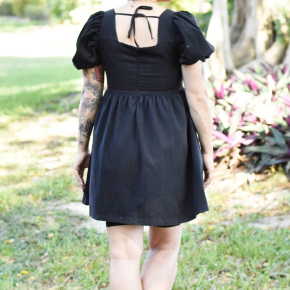 BLACK Denim Puff Sleeve Babydoll Dress - Picture 2 of 4